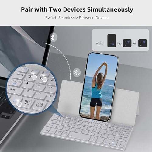 CACOE Ultra-Slim Foldable Wireless Keyboard with Integrated Stand – Dual-Channel QWERTY Design for Seamless Device Switching – Portable Mini Keyboard for Smartphones, Tablets, and Laptops – Stylish Wine Red Finish for Enhanced Productivity and Versatility