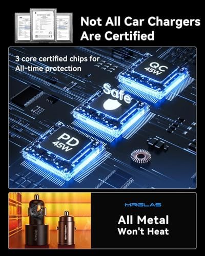 Ultra-Compact 90 W Dual Port USB-C Car Charger Set by MRGLAS – Fast Charging PD & QC3.0 Adapter for i Phone 16, 15, 14 Pro Max, i Pad & Samsung S25 – Ultimate On-the-Go Power Solution with Smart IC Technology for Enhanced Safety and Efficiency