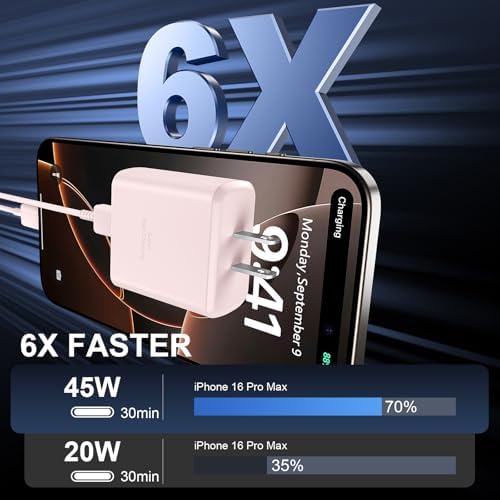 Accelerate Your Power Needs with Our 45 W Ultra-Fast USB-C Charger for Phone 16 Series – Includes a 10 ft Type C Cable in Eye-Catching Purple – Perfectly Crafted for Swift Power Delivery to Phone 16 Pro, Max, Plus & Earlier Models – Unleash Maximum Charging Efficiency and Aesthetic Appeal for Tech Enthusiasts on the Move