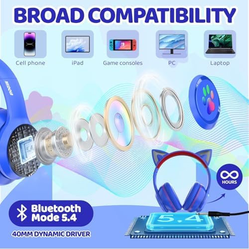 MIDOLA Cat Ear Bluetooth 5.3 Wireless Headphones for Kids – 60-Hour Playtime, Fun LED Illumination, Travel-Friendly Foldable Design with Integrated Microphone – Ideal for Music, Gaming, and Movies on the Move in Stylish Blue
