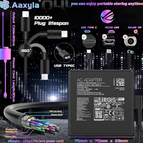 100 W USB Type-C Laptop Charger – High-Speed Power Adapter for Asus ROG, Chromebook, Zen Book, and Vivo Book – Universal Compatibility with Multi-Protection Features for Safe Charging – Ideal for Models X7, 14, 14 X, Z13, GV301, and More – Reliable Performance for All Your Devices