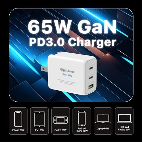 Gigastone 65 W Ga N USB-C Charger: High-Speed Travel Adapter with Intelligent Power Allocation for Mac Book, i Phone 16/15, Galaxy S24 & More – Compact, Foldable Design for Ultimate Portability & Multi-Device Charging Efficiency