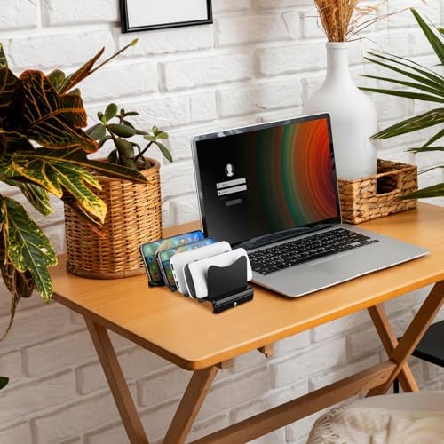 Sleek Acrylic Multi-Device Charging Stand – Black Organizer for Power Banks, Phones & Tablets – 4 Slot Desktop Holder with Enhanced Airflow for Rapid Charging & Tangle-Free Storage – Ideal for Home & Office Use