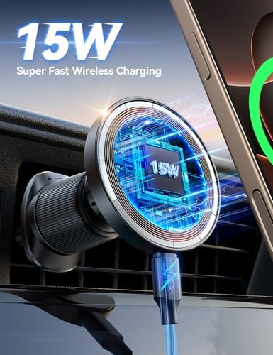 JOYROOM Mag Safe Car Mount Charger – 15 W Fast Wireless Charging for i Phone 12-16 Pro Max Plus, Enhanced Dual-Clip Grip for Secure Dashboard & Air Vent Installation, Stylish Dark Blue Finish, Ultimate On-the-Go Power Solution for i Phone 15 Accessories