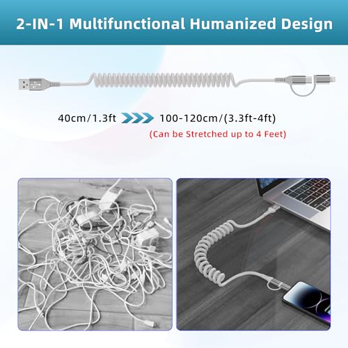Versatile 5-in-1 Coiled Charging Cable – MFi Certified USB A/USB C to Lightning, Type-C & Micro USB – Tangle-Free Design for Car & Home – Fast 2.4 A Charging Speed for Seamless Data Transfer & Compatibility with Apple Devices – Ideal for Professionals & Families