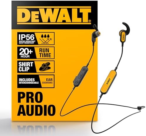 DEWALT Heavy Duty Bluetooth Neckband Earbuds for Professionals – Wireless 5.2 Headphones with IP56 Waterproof Protection, 20-Hour Playtime, Deep Bass Audio, and Built-in Microphone for Clear Calls – Ultimate Comfort and Durability for Jobsite Use