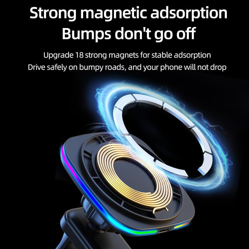 15 W Fast Magnetic Wireless Car Phone Mount for i Phone 12-15 Series – Sleek Automotive Charger Holder with One-Handed Operation and Blue Light Indicator for Safe Navigation and Quick Power-ups – Essential Driving Accessory