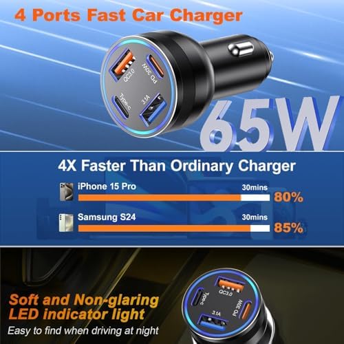 High-Powered 5-Pack USB C Car Charger – 4-Port 65 W Dual USB-C & USB-A Fast Charging Adapter for i Phone 16/15/14/13/12 Pro Max, Samsung Galaxy & i Pad – Ultimate Compatibility & Speed for On-the-Go Charging