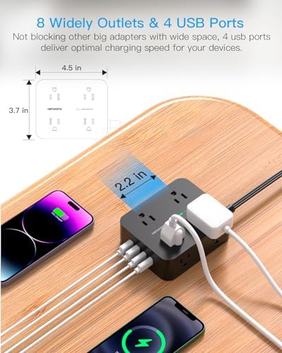 Maximize Your Power Efficiency with HANYCONY 5 Ft Ultra Thin Flat Plug Surge Protector Power Strip – 8 Outlet Extender & 4 Fast-Charging USB Ports (2 USB-C) for College Dorm Room Essentials – 1080 Joules Surge Protection & Wall Mount Design in Sleek Black Finish
