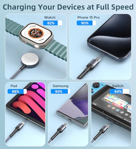 4 FT USB-C Multi-Device Charging Cable Duo for Apple Watch and i Phone – Superior 3-in-2 Charging Solution for i Watch Models and i Phone 16/15/14/13/12/11 & Galaxy S23 – Enhanced Rapid Charging, Exceptional Durability, and Total Convenience for Mobile Users