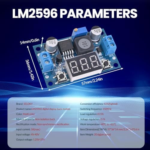 Versatile LM2596 Adjustable Buck Converter Module with Integrated LED Voltmeter – High-Efficiency DC-DC Power Supply for Precise Voltage Regulation from 4 V to 40 V, Outputs from 1.25 V to 37 V – Bulk Set of 6 for Enhanced Project Flexibility and Convenience