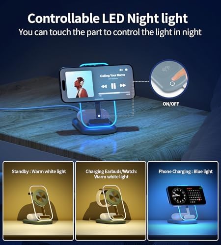 Ultimate 3-in-1 Magnetic Wireless Charging Station for Apple: Fast, Foldable Mag-Safe Charger with Night Light for i Phone 16/15/14/13/12, Apple Watch & Air Pods Pro – Travel-Ready, Enhanced Compatibility, and Rapid Charging Solution