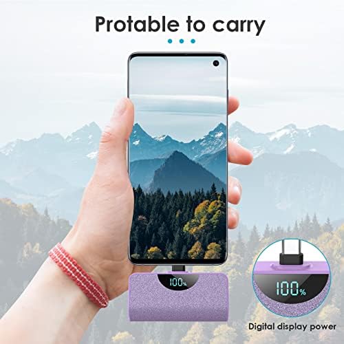 Ultra-Compact 5200 m Ah USB-C Power Bank with LCD Display – Fast-Charging Portable Charger for i Phone 15, Samsung, Google Pixel & Android Devices – Stylish Purple Battery Pack for On-the-Go Power Solutions