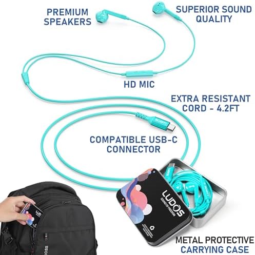 LUDOS FEROX USB-C Earbuds – Premium Wired Headphones for i Phone 16 & Samsung Galaxy Series, Featuring Exceptional Audio Clarity & Deep Bass, Ergonomically Designed for All-Day Comfort, Tangle-Free Cable for Streamlined Use, Supported by an Impressive 5-Year Warranty, Eye-Catching Vibrant Green Finish – Elevate Your Sound Experience for Music Lovers and Gamers Alike
