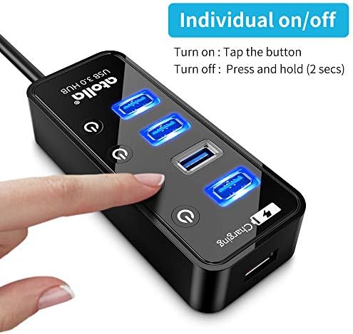 Enhance Your Connectivity with the atolla USB 3.0 Hub – 4-Port Super Speed Splitter with Individual On/Off Switches and Dedicated Charging Port for Seamless Device Management and Fast Data Transfers (2 Feet Long, No AC Adapter Required)