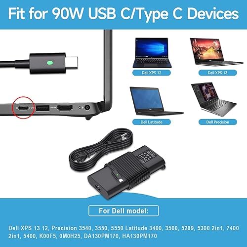 90 W USB-C Power Adapter for Dell XPS & Latitude Laptops – Fast Charging, Universal Compatibility with 2-in-1 Design for Ultimate Portability – Ideal for XPS 13, 15, 17, Latitude 3000, 5000, 7000, 9000 Series – Reliable AC Adapter with Multi-Protection Safety Features – Compact and Lightweight for Travel and Everyday Use – Perfect Charging Solution for Professionals and Students on the Go