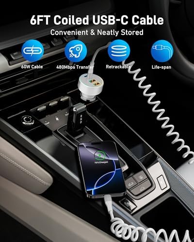90 W 4-Port USB C Car Charger with 6 FT Coiled Cable – Super Fast Charging for i Phone 16/16 e/15 Pro Max/Plus, Samsung Galaxy S25/S24, Pixel & Android Devices – Ultimate Travel Companion for Multiple Devices with Enhanced Compatibility and High-Performance Output