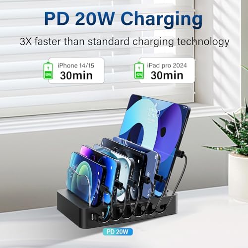 68 W Multi-Device Charging Station: 6-Port USB Dock with 20 W Fast Charging for i Phone, i Pad, and More – Sleek White Design with Included Cables for Ultimate Convenience and Efficiency