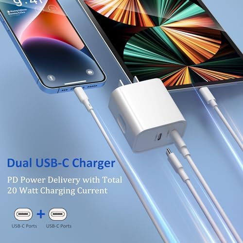 Costyle i Phone 15 & 16 Dual USB-C Charger Block – 20 W Fast Charging Wall Plug with 2 x 6 FT Type-C Cables for Maximum Compatibility – Efficient Power Adapter for i Phone 15 Pro Max & i Pad Pro – Compact Design for On-the-Go Charging Solutions