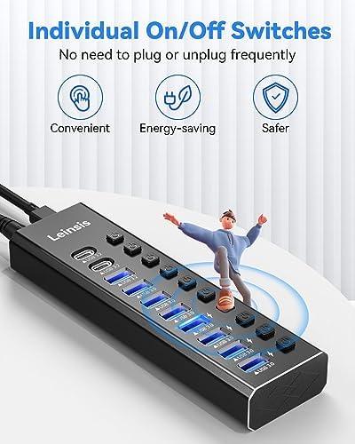 LEINSIS Ultra-Fast 10-Port USB Hub 3.2 – Premium Aluminum Design with 2 USB-C & 7 USB 3.0 Ports for Lightning-Speed Data Transfer – Individual On/Off Switches & 12 V Adapter for Ultimate Device Control and Compatibility