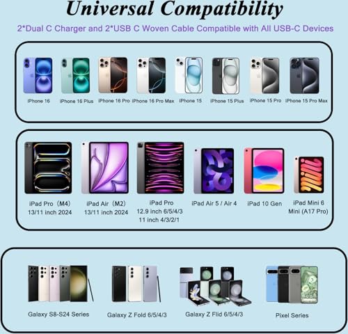 iPhone 16 15 Charger, 2Pack PD Dual USB C Charger Block Fast Charging Wall Charger Plug with 10FT Long USB C to C Charger Cord Woven Cable for Apple iPhone 16/16 Plus/16 Pro/16 ProMax/15/15ProMax/iPad – Enhanced Compatibility and Speed