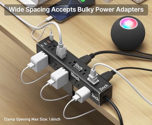 CCCEI 15-Outlet Desk Clamp Power Strip – Ultimate Surge Protector with Fast Charging USB Ports, 6 FT Flat Plug for Enhanced Accessibility, Compatible with 1.6-Inch Tabletops, Sleek Black Design for Modern Workspaces