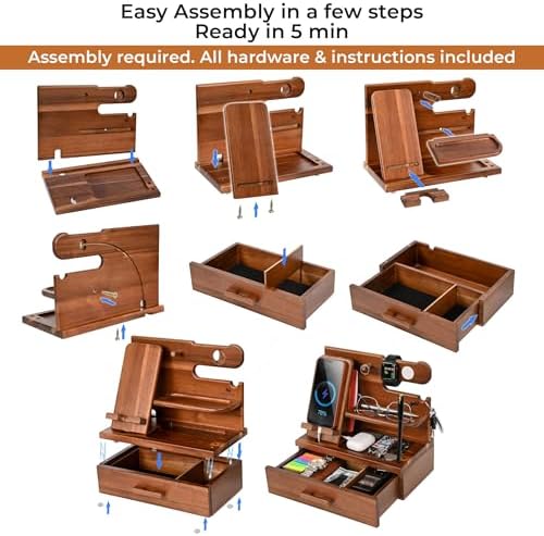 TESLYAR Wood Phone Docking Station with Drawer – Nightstand Organizer – Desk Organizer for Husband – Birthday Gifts for Men, Dad, Anniversary Idea, Key Holder Stand Watch & Accessories (Bourbon Brown) – Enhanced Compatibility and Speed