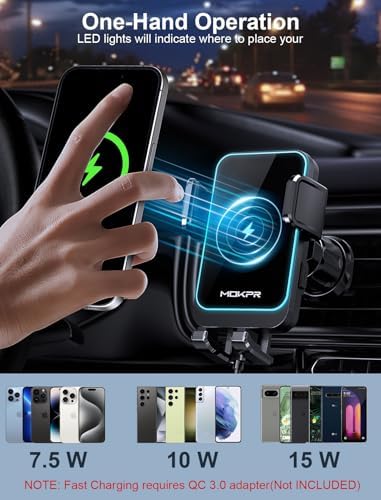 MOKPR Wireless Car Charger – 15 W/10 W/7.5 W Auto-Clamping Cup Holder Phone Mount for i Phone & Samsung – Fast Charging Car Mount with Enhanced Compatibility for Seamless Navigation & Calls – Durable, Convenient, and Safe Charging Solution for Busy Lifestyles