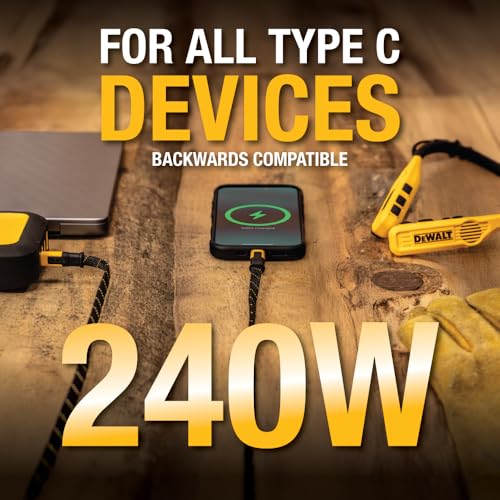 DEWALT Heavy Duty USB C to USB C Fast Charging Cable – 240 W Power Delivery for Rapid Charging, Kevlar Reinforced Design for Ultimate Durability, High-Speed Type-C Compatibility with i Phone 16, Samsung Galaxy, Mac Book, and More – Tangle-Free Flat Cable for Efficient Workspace Organization