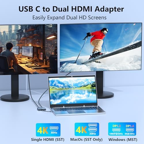 Enhance Your Visual Experience with the USB C to Dual HDMI Adapter – Effortlessly Connect Dual Monitors to Dell, HP & Mac Book for Unmatched Productivity | 4 K HDMI Splitter for Gamers & Professionals | Compact Plug and Play USB C Hub for Travel & Office Use | Elevate Multitasking with Stunning 60 Hz Visuals