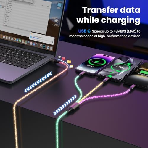 Illuminate Your Charging Routine with the 66 W RGB LED Light Up 3-in-1 USB C Charger Cable – Versatile 4 FT Cord for i Phone 16/15/14/13/12, i Pad Pro, Samsung, and Pixel Devices – Fast Charging with Enhanced Compatibility and Stylish Glow