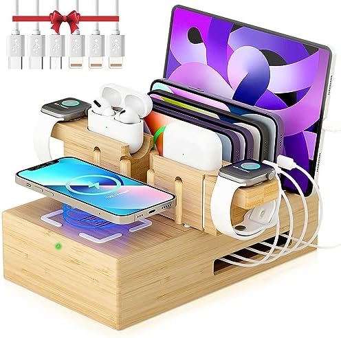 Eco-Friendly Bamboo Wireless Charging Station – Versatile Docking Organizer with 7 USB Ports for Fast Qi-Certified Charging of Smartphones, Smartwatches, Earbuds, and Tablets – Sleek Design for Enhanced Productivity and Clutter Reduction