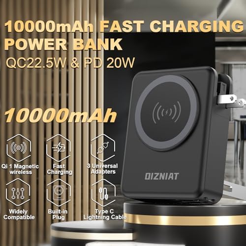 10000 m Ah Mag Safe-Compatible Portable Charger Power Bank – 22.5 W Fast Charging Travel Essential with Built-in USB-C & Lightning Cables – 5-in-1 Wireless Charging Solution for i Phone, Android, and Samsung Devices