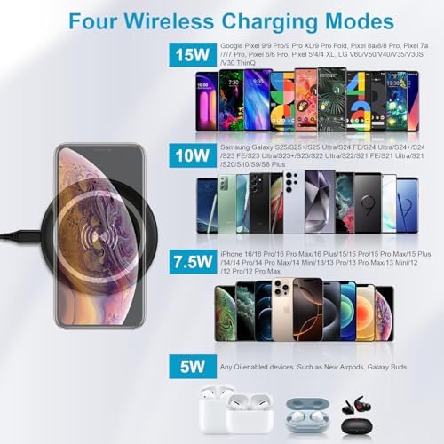 HOOTEK 15 W Fast Wireless Charger Pad – Universal Compatibility for Moto Edge, Samsung Galaxy S Series, and i Phone 16/15 Pro Max – Enhanced Safety Features, Non-Slip Design, and Multi-Protection Charging Station for Speedy Device Power-Up – Ideal for Qi-Enabled Phones and Earbuds