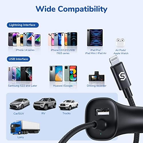 Rapid Charge Your Apple Devices with Syncwire MFi Certified 32 W Car Charger featuring Built-in 5 FT Coiled Lightning Cable – Ultimate Fast Charging Solution for i Phone 14/13/12/11/XR/Max and i Pad – Compact and Travel-Ready USB Adapter for Hassle-Free Power On-The-Go
