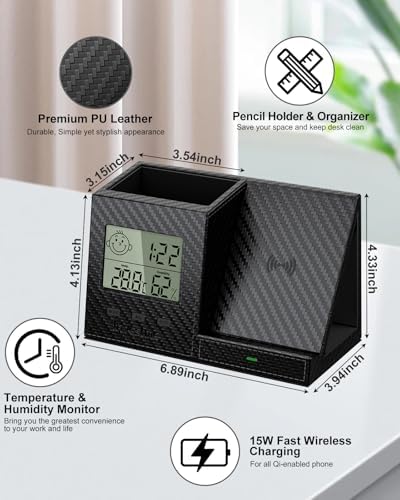 Multi-Functional Desk Organizer with Wireless Charging, Digital Thermometer & Humidity Monitor – Stylish Brown Pen Holder for Home Office Efficiency and Clutter-Free Workspace