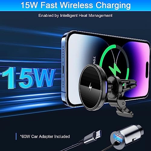 Magnetic Wireless Car Charger Mount for i Phone 16 & 15 – 15 W Fast Charging Air Vent Holder with 60 W Adapter – Secure Mag Safe Compatibility for Effortless Navigation and Hands-Free Driving