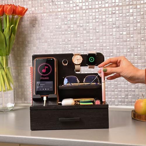 TESLYAR Wood Phone Docking Station with Drawer – Nightstand Organizer – Desk Organizer for Husband – Birthday Gifts for Men, Dad, Anniversary Idea, Key Holder Stand Watch & Accessories (Bourbon Brown) – Enhanced Compatibility and Speed