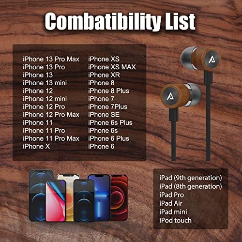 Elevate Your Sound Experience with ADPROTECH Lightning Earbuds – MFi Certified Wooden In-Ear Headphones with Magnetic Design, Built-In Microphone & Volume Control, Compatible with i Phone 14, 13, 12, 11 Pro Max, XS Max, XR – Stylish, Durable, and Ergonomic for All-Day Comfort