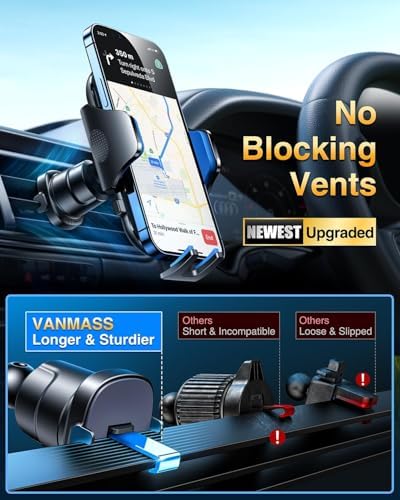VANMASS Military-Grade Car Phone Holder – Maximum Durability for i Phone 16, 15 Pro Max, 14, 13 & Android Devices – Ultimate Dashboard, Windshield & Vent Mount with Secure Suction & Clip Mechanism for Safe Navigation – 360-Degree Adjustable Viewing for Effortless Access – Heavy-Duty Cell Cradle for Confident Driving