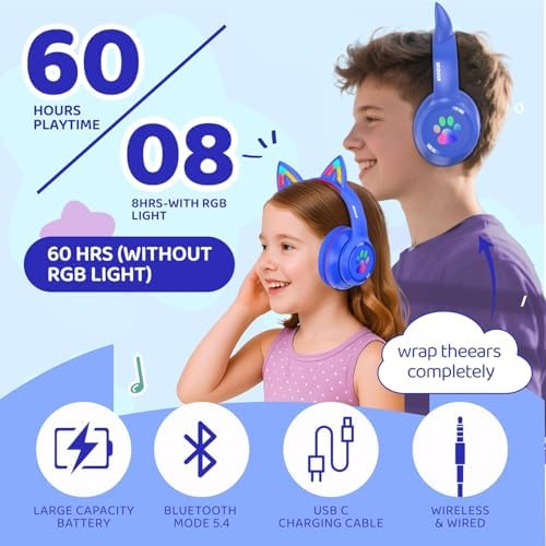 MIDOLA Cat Ear Bluetooth 5.3 Wireless Headphones for Kids – 60-Hour Playtime, Fun LED Illumination, Travel-Friendly Foldable Design with Integrated Microphone – Ideal for Music, Gaming, and Movies on the Move in Stylish Blue