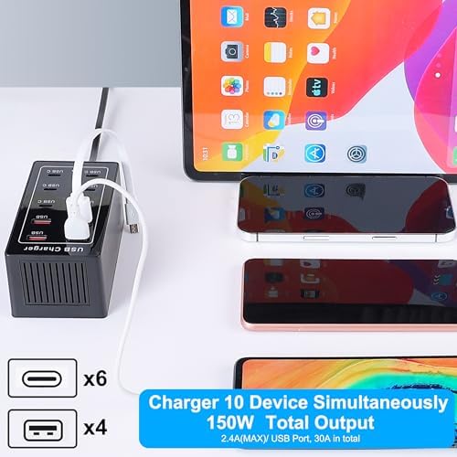 High-Powered 65 W 10-Port Charging Hub – 6 USB-C & 4 USB-A Ports for Fast, Efficient Charging of i Phone 16 Pro, Mac Book Pro/Air, i Pad Pro – Compact Desktop & Wall-Mount Design with Safety Features for Home Office Optimal Performance