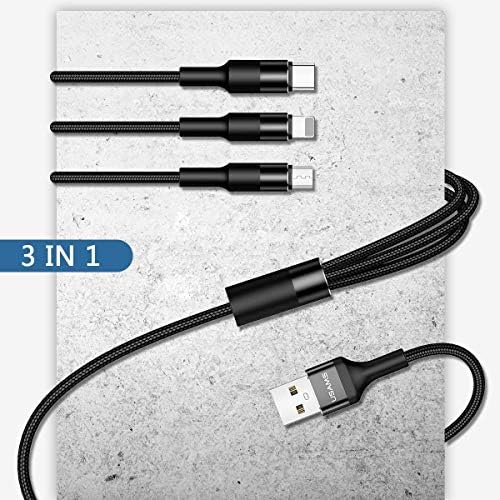 USAMS 5 FT 3-in-1 Multi Charging Cable – Durable Nylon Braided Fast Charger for Universal Compatibility with USB-C, Micro USB & Lightning Connectors – Ultimate Versatility for Smartphones & Tablets