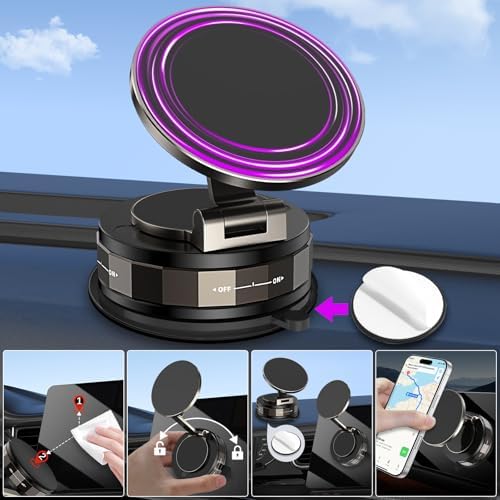 DUEDUE Vacuum Magnetic Suction Cup Phone Mount, 360° Adjustable Magnetic Phone Holder, Pocket Size Foldable Portable Cell Phone Holders for Your Car for All Smartphones & All Car Models Black – Enhanced Compatibility and Speed