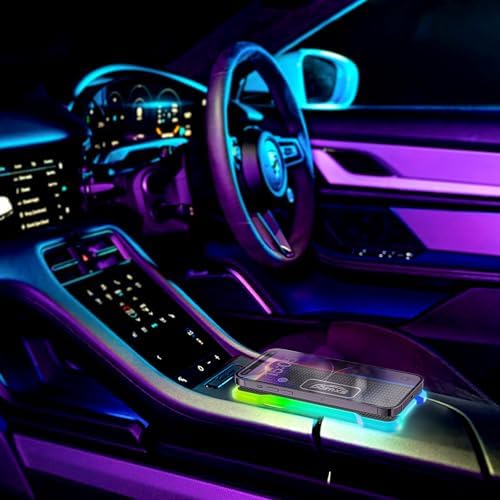 POLMXS Wireless Car Charger Pad – Fast Charging Station with RGB Lighting for i Phone 11/12/13/14/15 & Samsung Galaxy S21/S22/S23/S24 – Non-Slip Cordless Charging Mat for Air Pods – Sleek Design for Ultimate Convenience on the Go