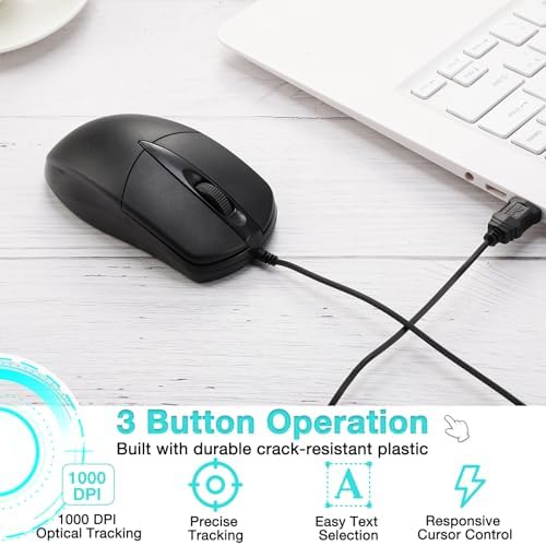 Bulk 50-Pack Black Wired USB Mice – Ergonomic Noiseless Design, 1000 DPI Precision for Home Office and Classroom Use, Seamless Compatibility with All USB Devices