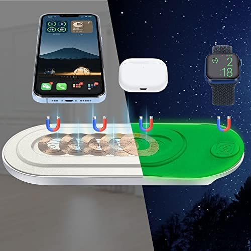 Revolutionize Your Charging Routine with the Magnetic 5-Coil Fluorescent 3-in-1 Wireless Charging Pad – Seamlessly Compatible with Mag Safe for i Phone 12/13, Air Pods & Apple Watch, Featuring Fast Charging Capability with 36 W Adapter Included, Ideal for Home & Office Use