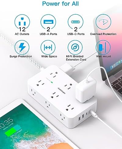 HANYCONY 12-Outlet Power Strip Surge Protector with 4 USB Ports (2 USB-C) – 6 ft Flat Extension Cord with 1800 J Surge Protection, Wall-Mountable Charging Station for Home, Office, and Dorm Room – Ultimate Device Connectivity and Fast Charging Solutions
