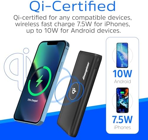Energizer 10,000 m Ah Wireless Portable Charger – Qi-Certified 10 W & 18 W USB-C Fast Charging Power Bank for i Phone 16/15/14/13/12 Series, Samsung, and Android Devices – Lightweight, Durable, and Dual Charging Solutions for On-the-Go Power Needs