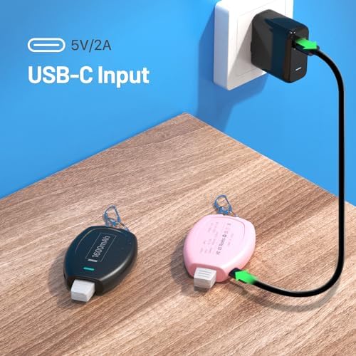 Compact Keychain Power Bank Duo: 1600 m Ah Emergency Charger for i Phone 8, 11, 12, 14 & Air Pods – Ultra-Portable Mini External Battery Pack in Stylish Blue & Pink – Fast Charging & Enhanced Compatibility for On-the-Go Power Solutions